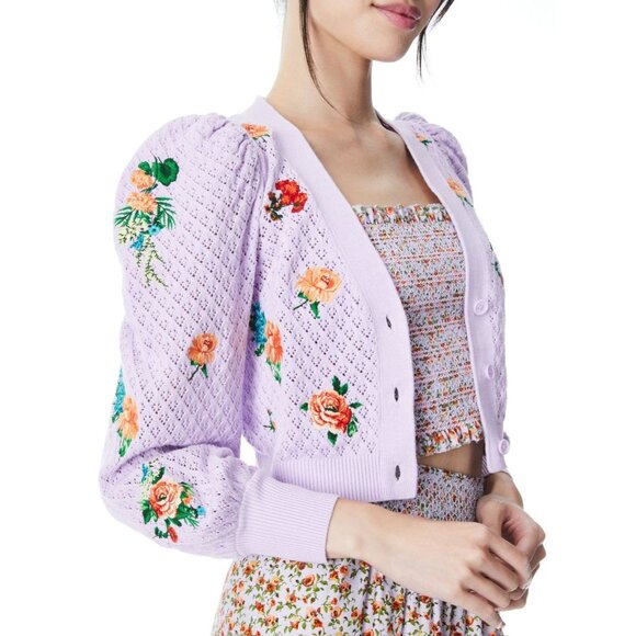 Alice + Olivia Morita Lavender Multi Floral Puff Sleeve Cardigan XS - Picture 2 of 15